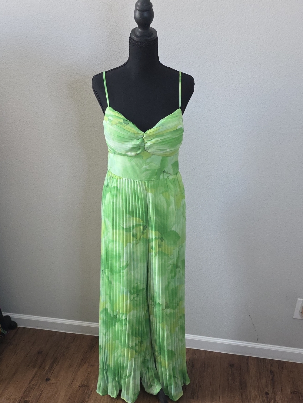 Privy Light Green Pleated Wide-Leg Spaghetti Strap Jumpsuit
